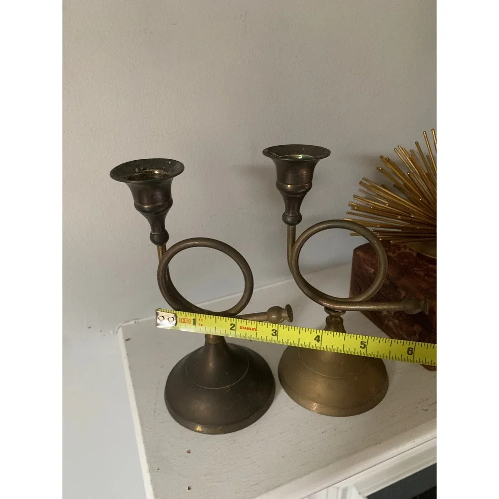 2 Vintage Brass French Horn Candlestick Holders Pair Musical Taper Candle Stands